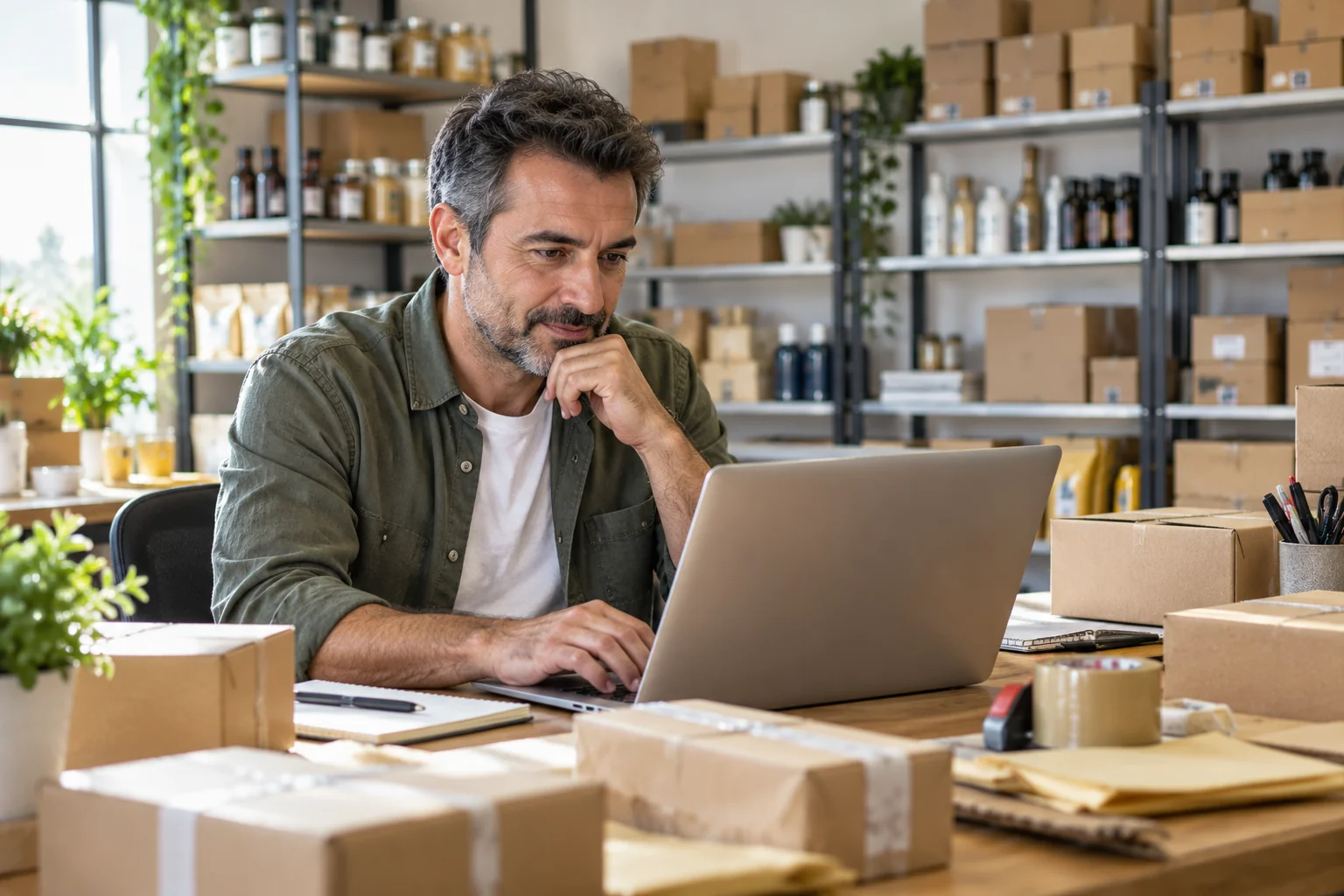 Un negoziante usa il portatile nella zona di preparazione degli ordini del suo ecommerce.