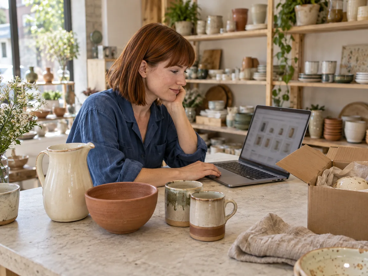 Titolare di un negozio di ceramiche confronta il catalogo sul portatile con prodotti e confezioni