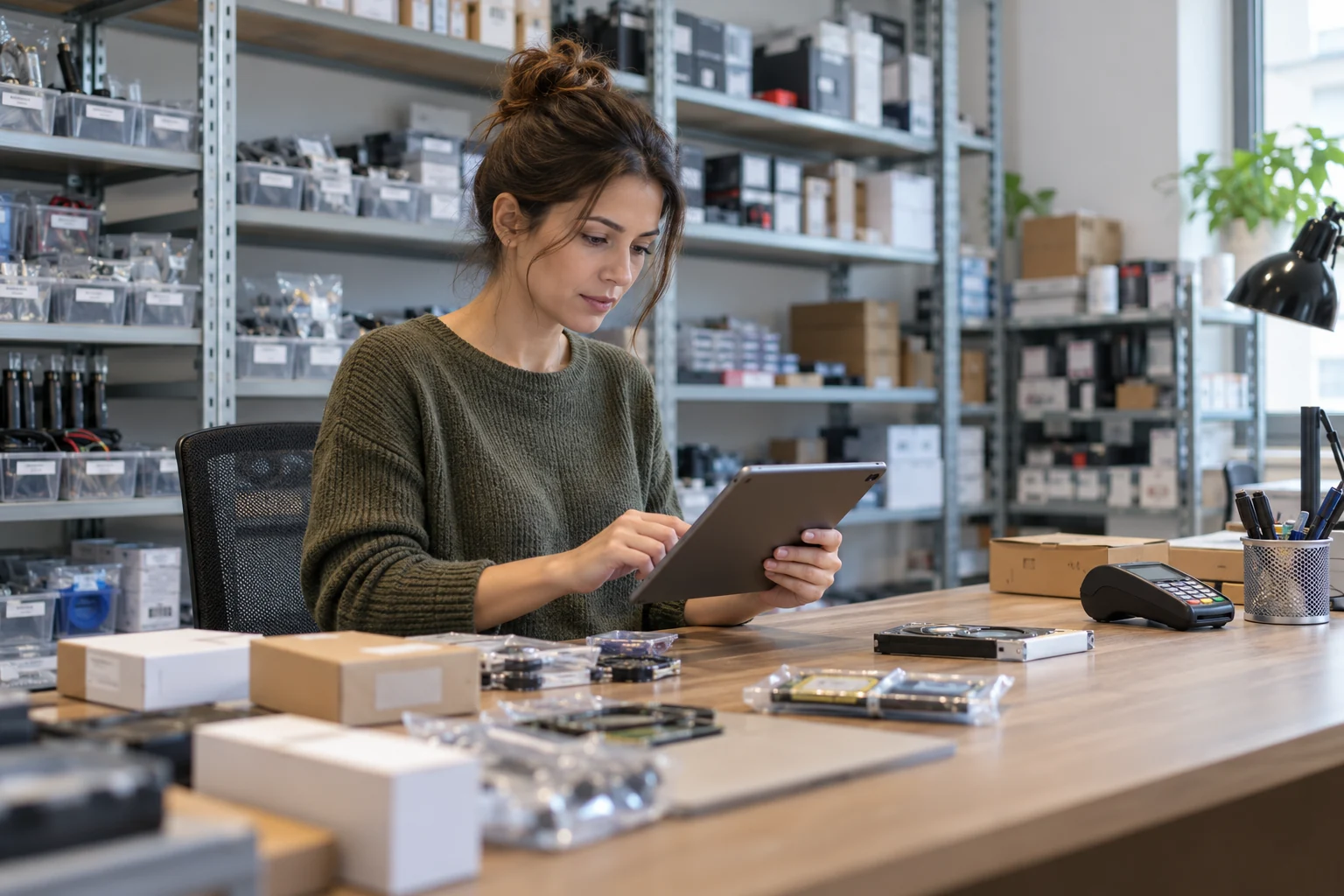Venditore di un negozio di ricambi elettronici che prova un acquisto da tablet alla scrivania
