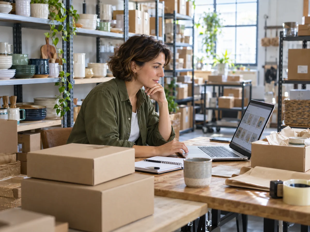 Commerciante che controlla il negozio online su un computer portatile nel magazzino di prodotti per la casa