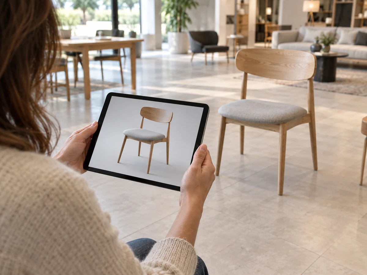 Cliente in uno showroom che osserva su tablet il modello tridimensionale di una sedia in legno