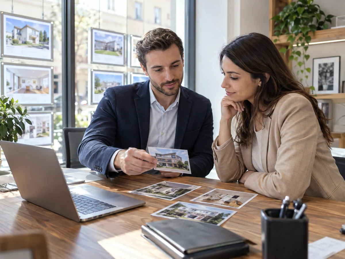 Due colleghi di un’agenzia immobiliare lavorano al tavolo con fotografie di immobili e un computer portatile