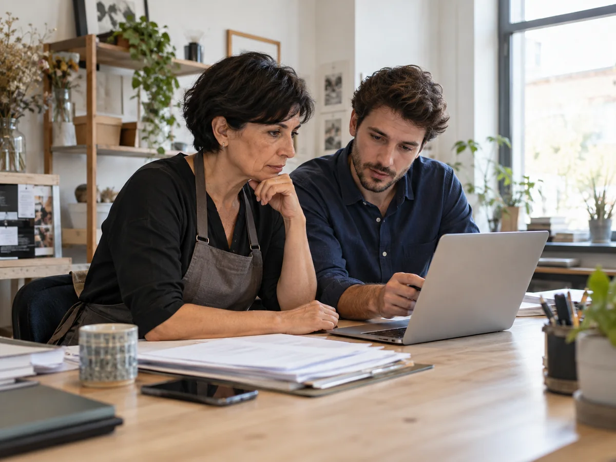 Titolare di una piccola attività e consulente esaminano un portatile e documenti per una richiesta di assistenza