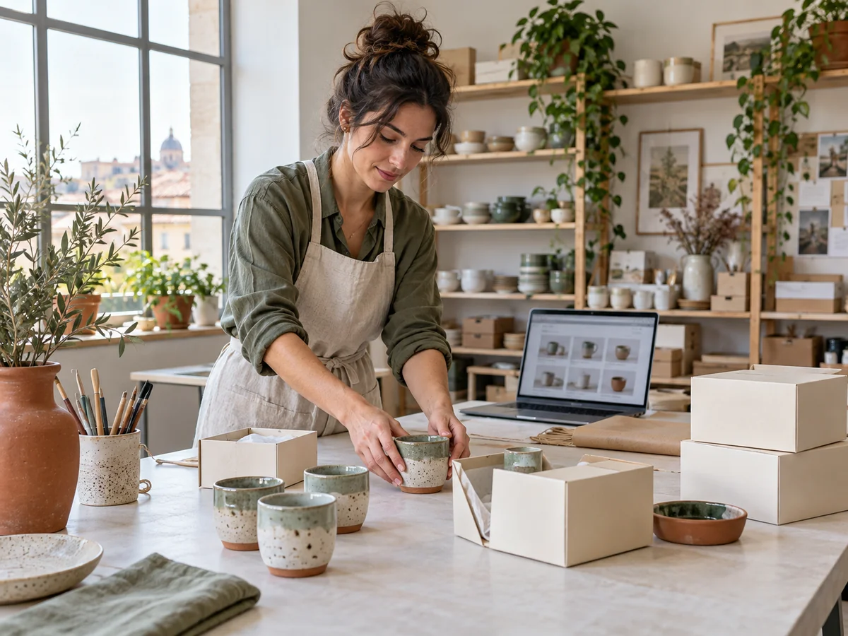 Un’imprenditrice dispone prodotti artigianali e confezioni accanto a un portatile nel proprio studio ecommerce