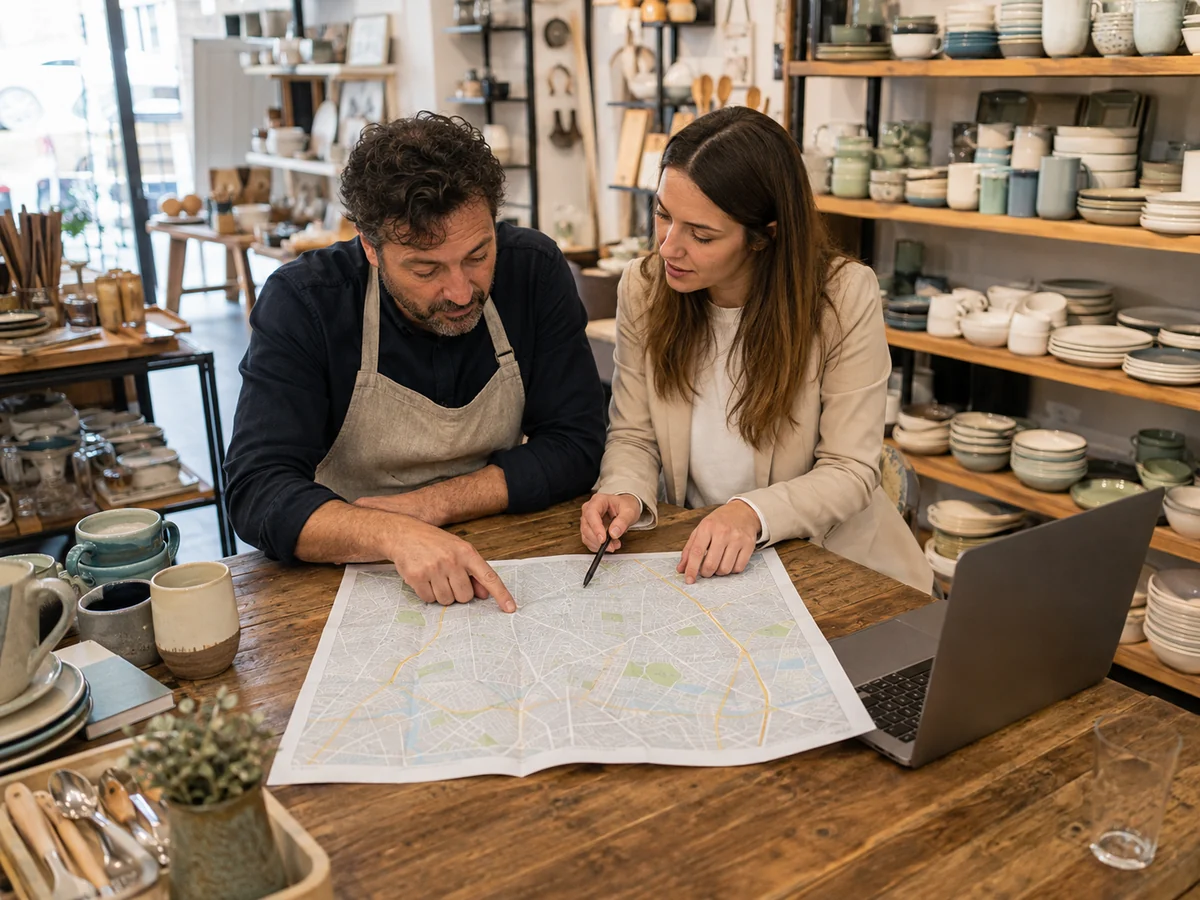 Commerciante e consulente esaminano una mappa cartacea in un negozio di casalinghi