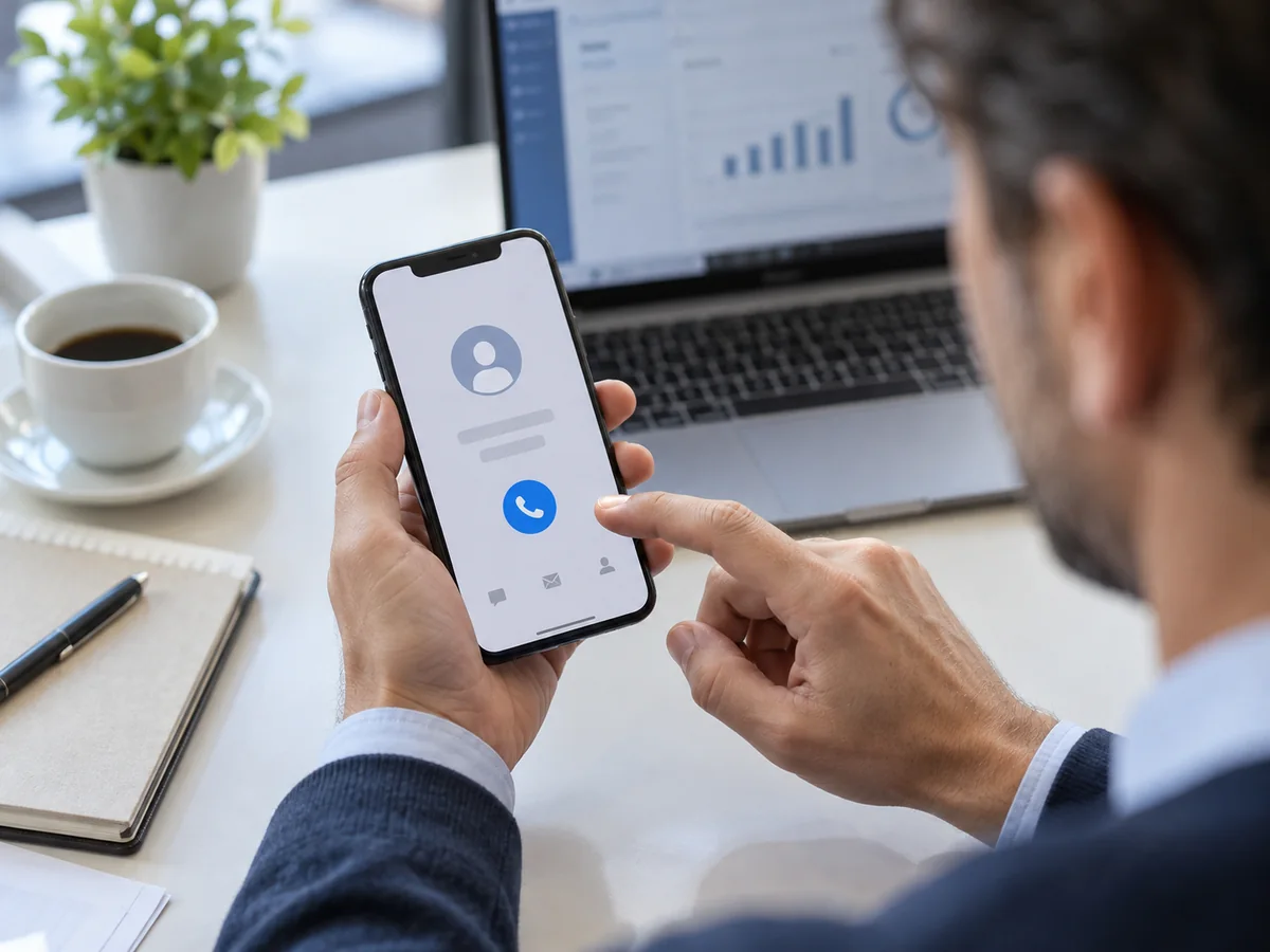 Una persona prova il pulsante telefonico di un sito sullo smartphone accanto a un computer portatile.
