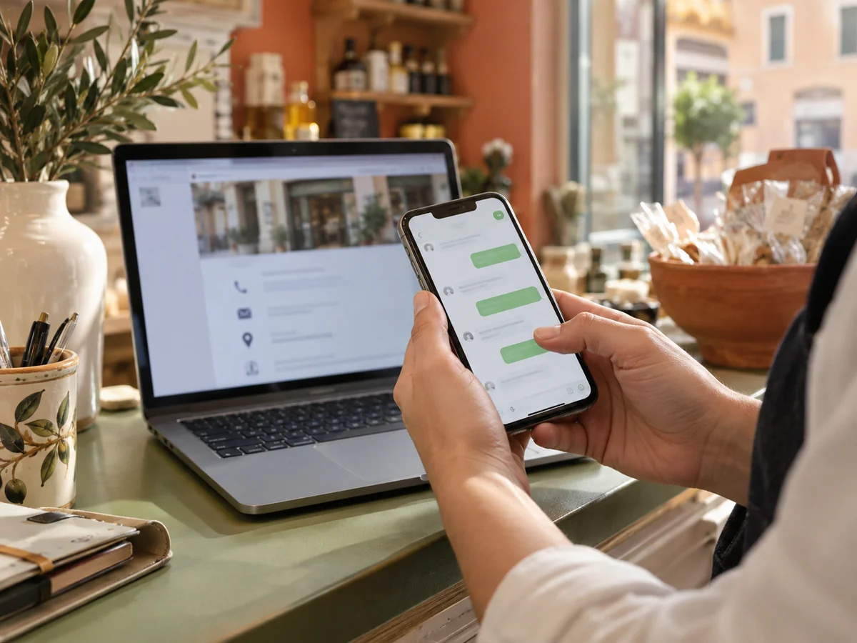 Smartphone con una schermata di chat accanto a un portatile con una pagina contatti