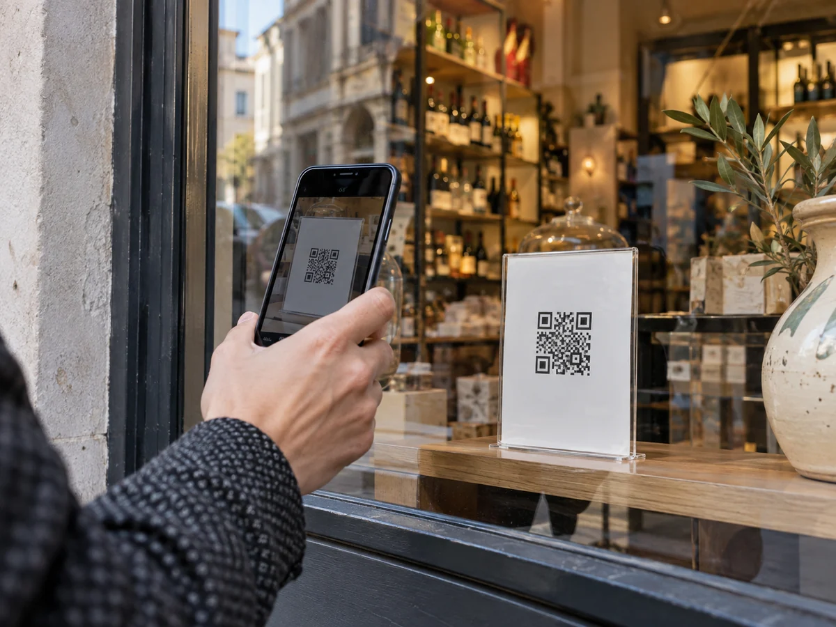 Una mano inquadra con lo smartphone un cartello con codice QR sulla vetrina di un negozio