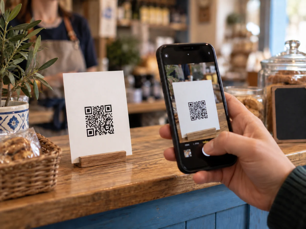 Smartphone inquadra un cartoncino per le recensioni sul banco di un negozio