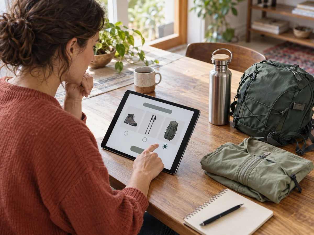 Un cliente consulta un tablet a un tavolo con uno zaino e accessori da escursione, valutando quali prodotti scegliere