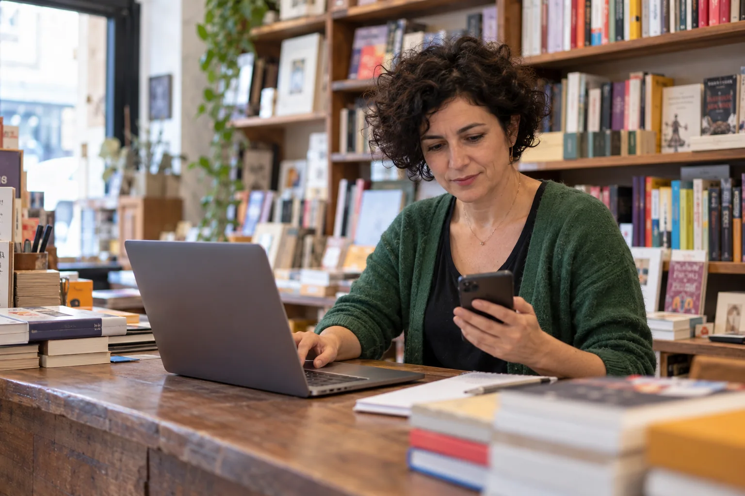 Una commerciante confronta telefono e portatile al banco di una libreria.