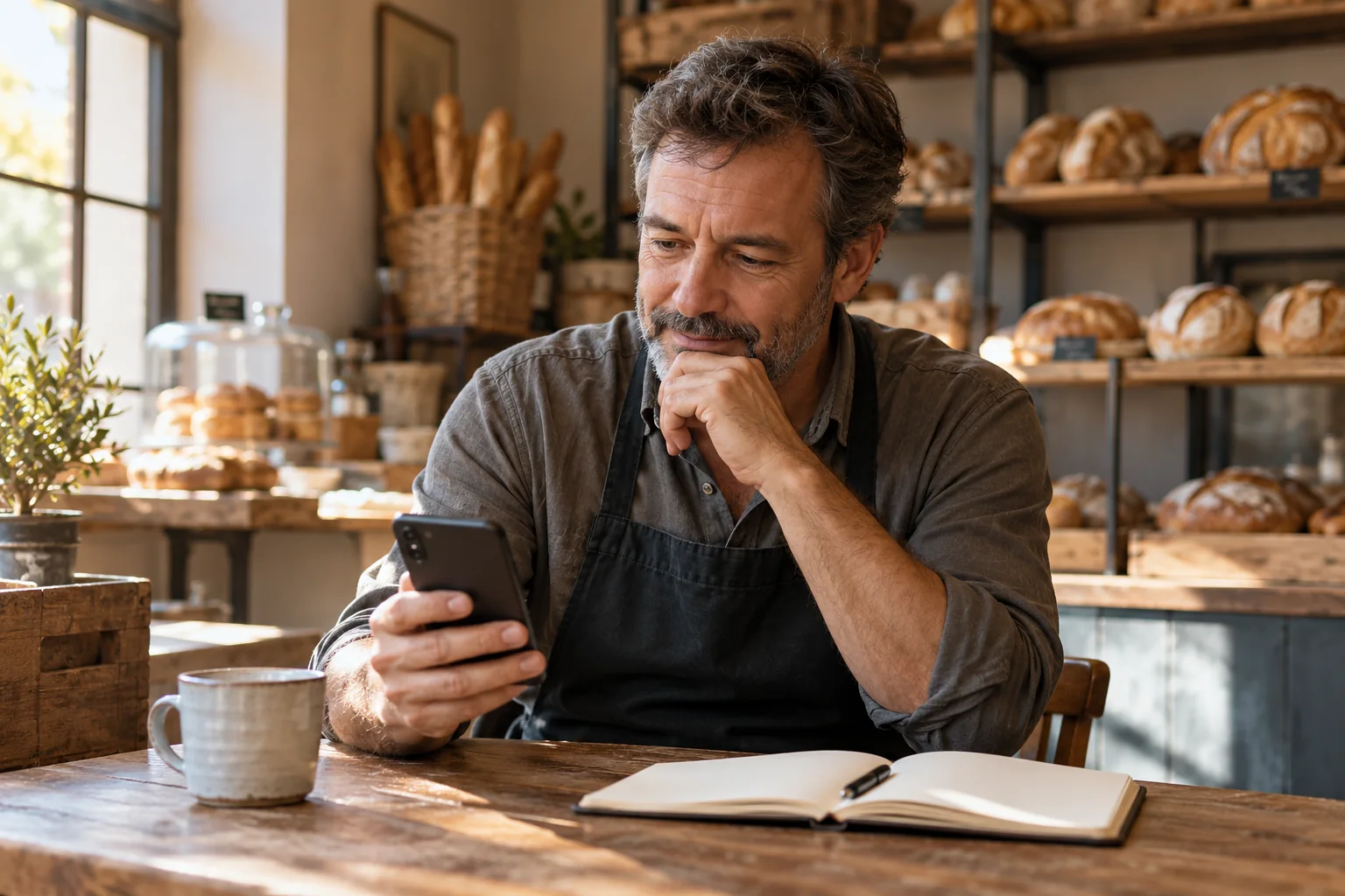 Il titolare di un panificio consulta lo smartphone seduto a un tavolo del locale, con un quaderno aperto accanto.