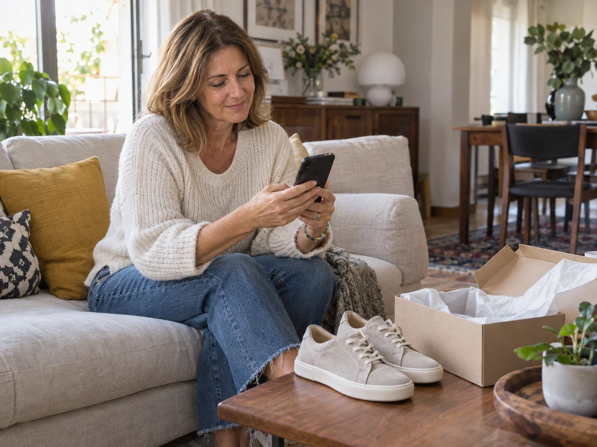 Cliente consulta lo smartphone a casa accanto a un paio di scarpe e al pacco appena ricevuto