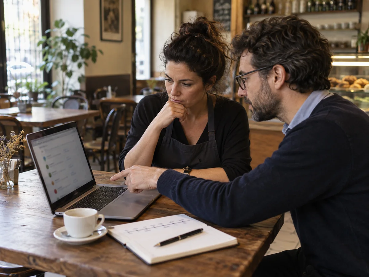 Titolare e consulente esaminano sul portatile le recensioni e annotano la cronologia delle segnalazioni