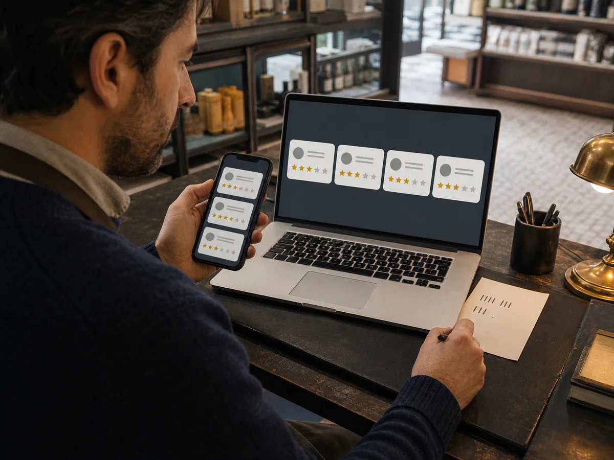 Commerciante confronta le recensioni visibili su computer e smartphone