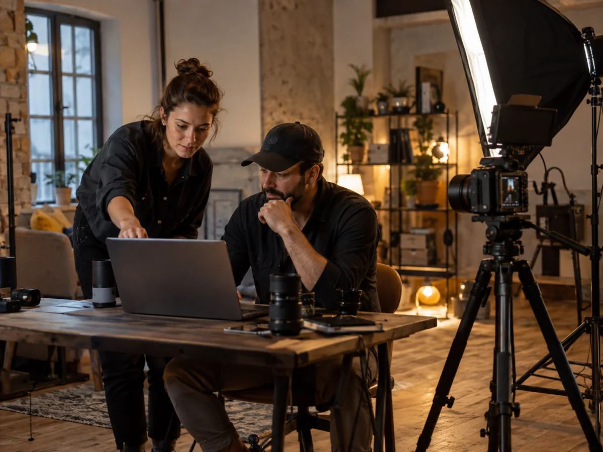 Due videomaker controllano un portatile accanto alla videocamera usata per i contenuti aziendali