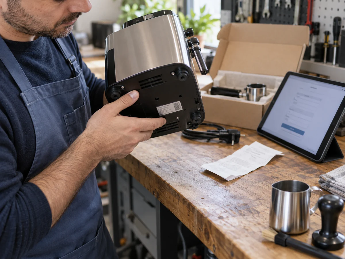 Un tecnico solleva una macchina da caffè compatta per controllare la matricola sul fondo, con un tablet sul banco.