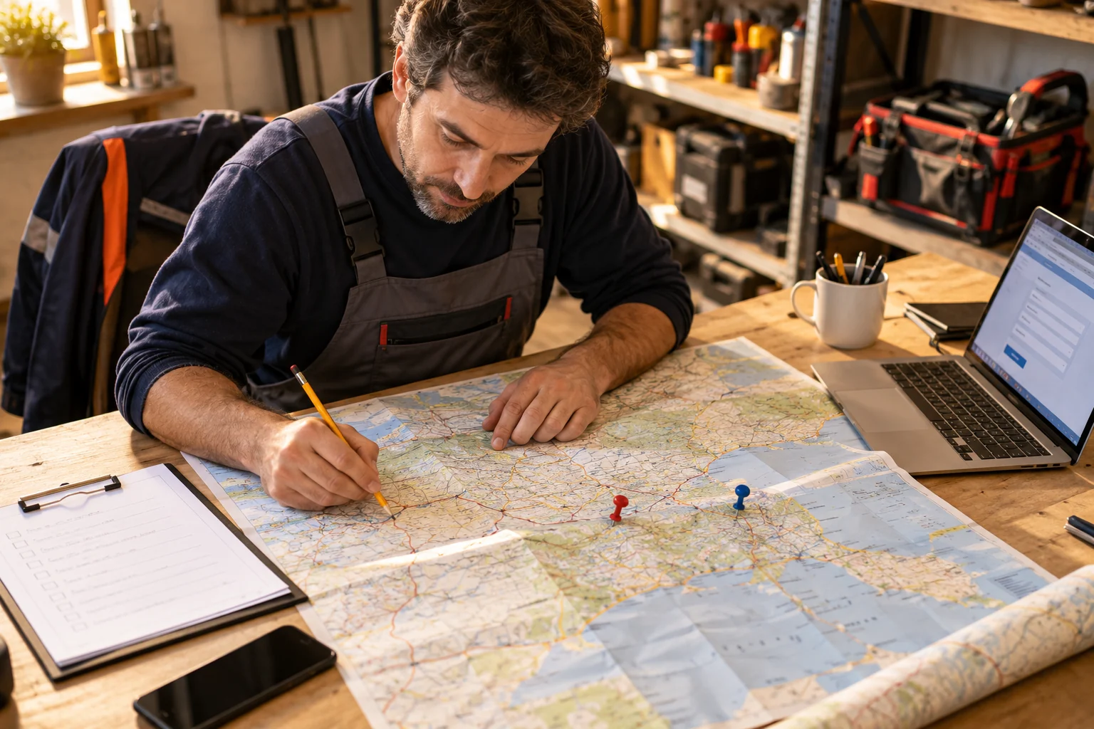 Artigiano organizza le zone degli interventi consultando una mappa e le richieste ricevute sul portatile.