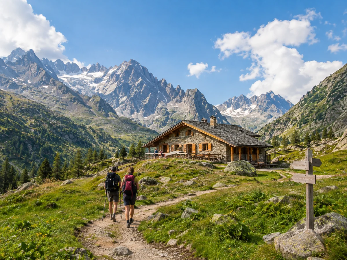 Rifugio di montagna affacciato su un sentiero con escursionisti e paesaggio alpino