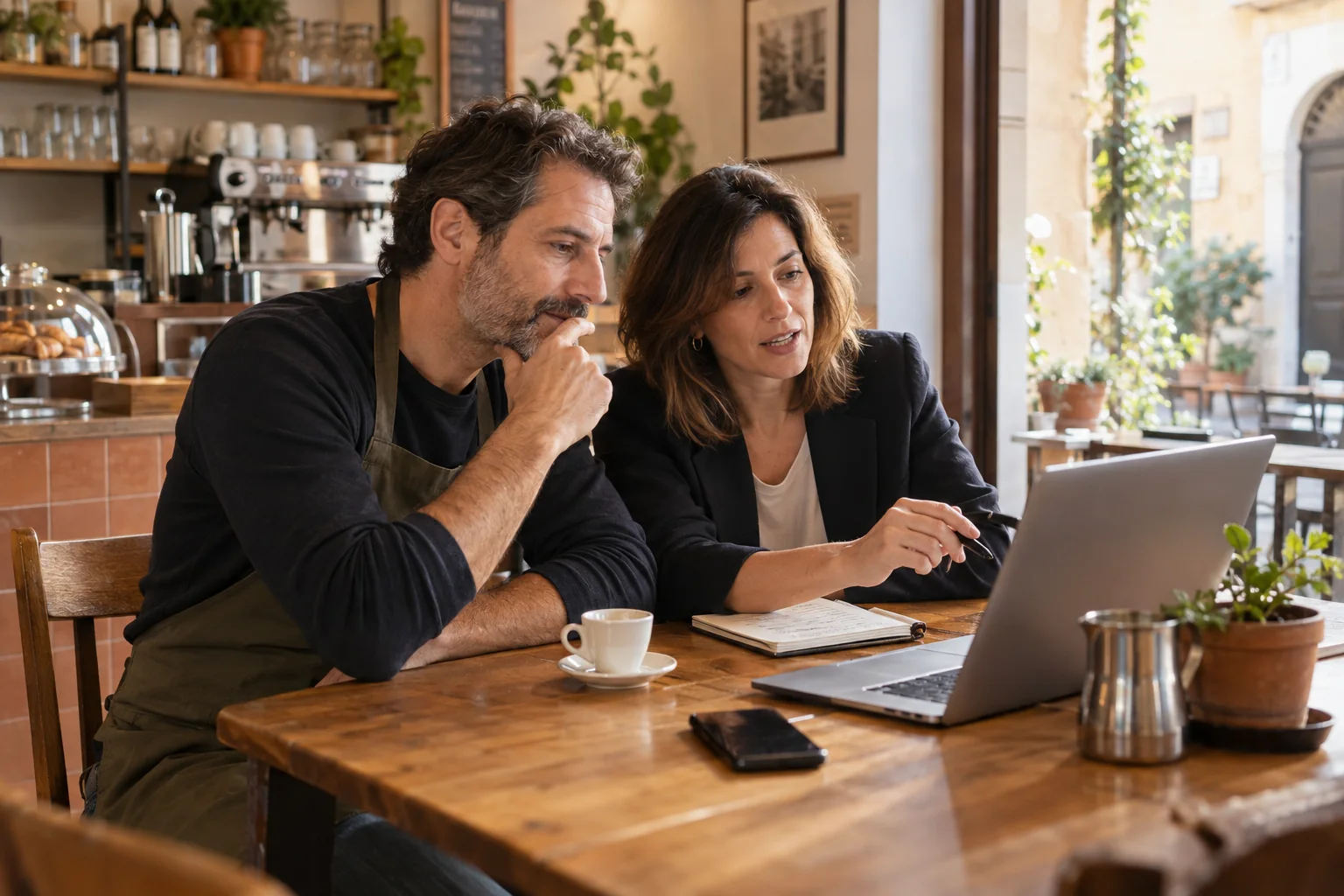 Il titolare di una caffetteria e una consulente rivedono insieme un portatile e un taccuino
