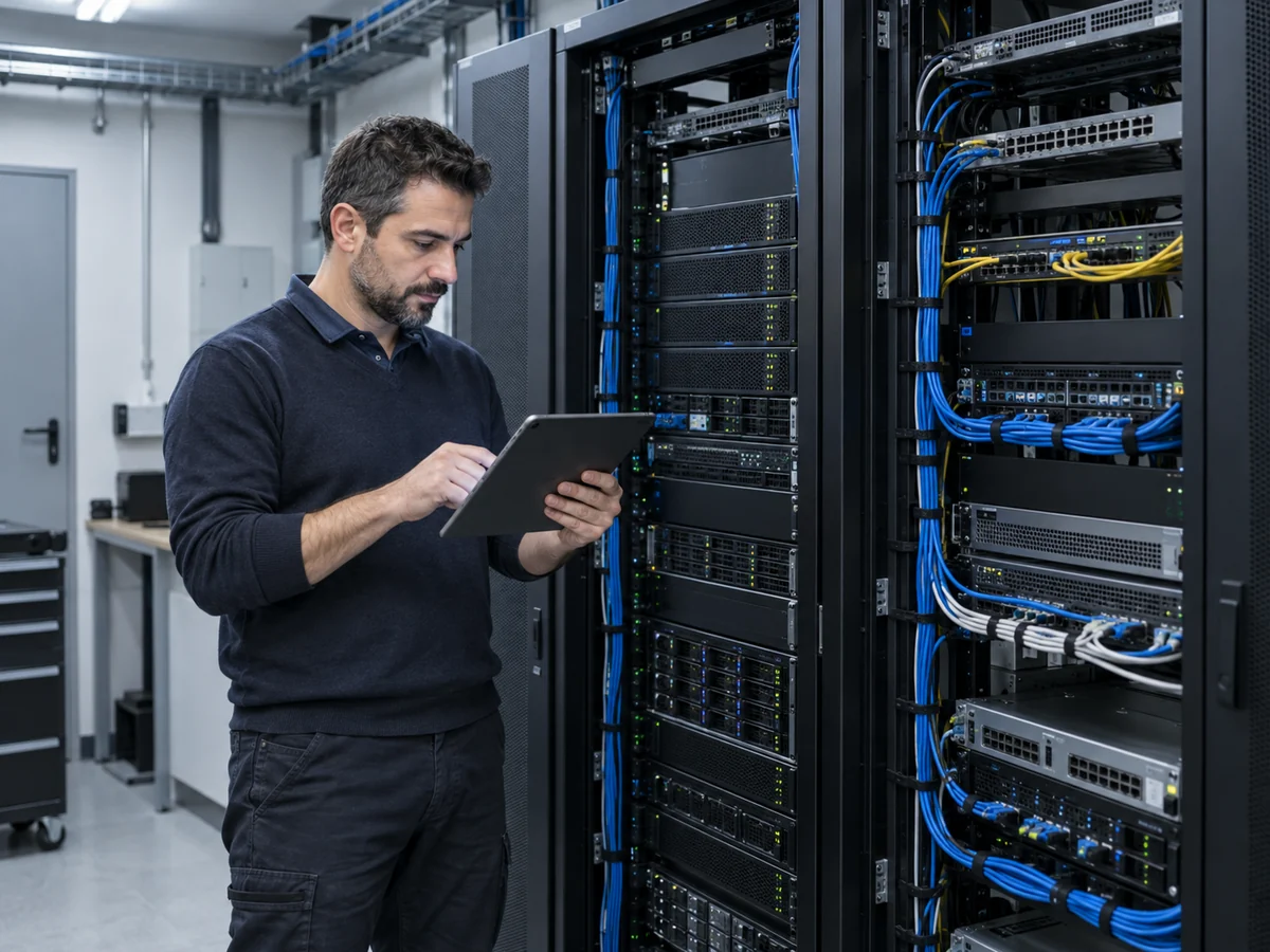 Tecnico consulta un tablet tra gli armadi server di un'infrastruttura di hosting.