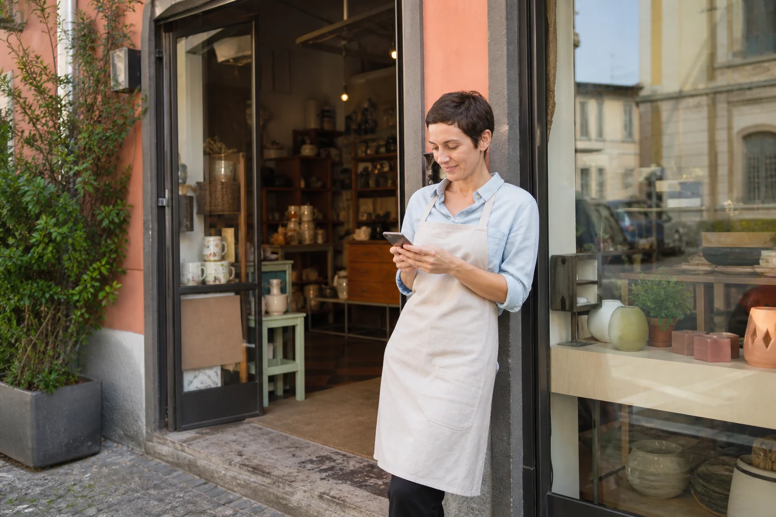 Una commerciante controlla il telefono davanti all’ingresso aperto del proprio negozio.