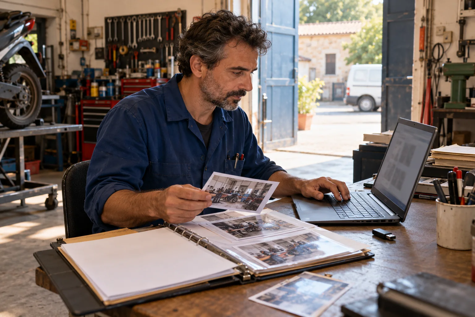 Il titolare di un’attività riordina fotografie e documenti originali accanto al portatile per ricostruire le informazioni della scheda.