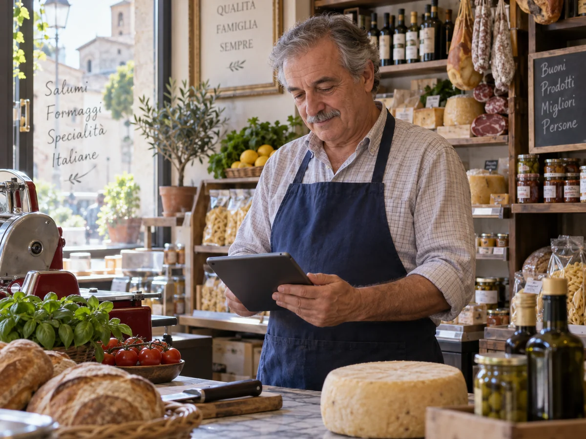 Commerciante controlla il profilo della propria attività dal tablet al banco