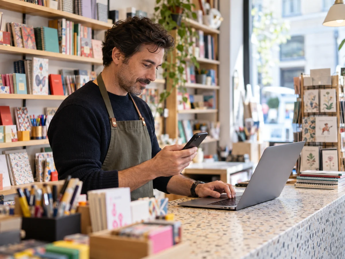 Titolare di una cartoleria controlla il telefono accanto al portatile sul bancone del negozio.