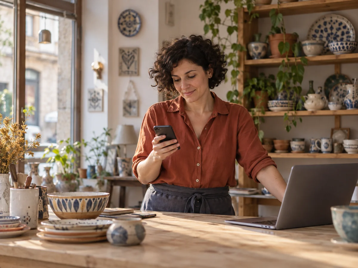 Titolare di un negozio di ceramiche consulta lo smartphone accanto a un portatile sul banco.