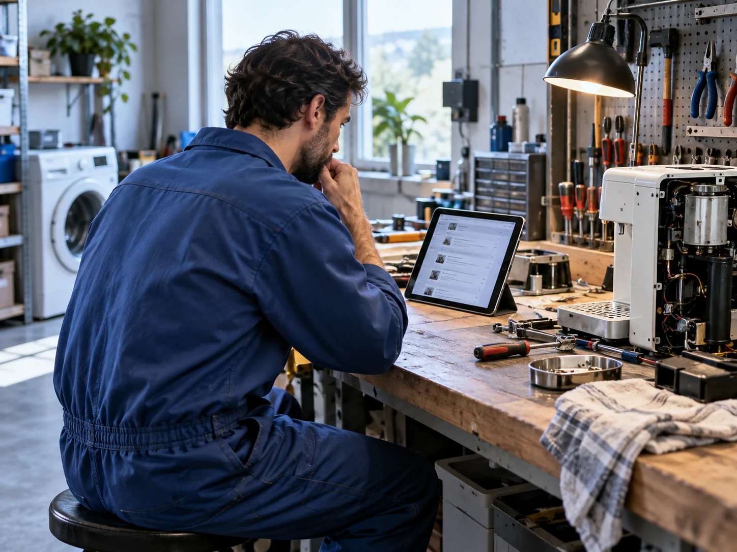 Tecnico in un laboratorio di riparazione che consulta un tablet accanto al banco degli attrezzi.