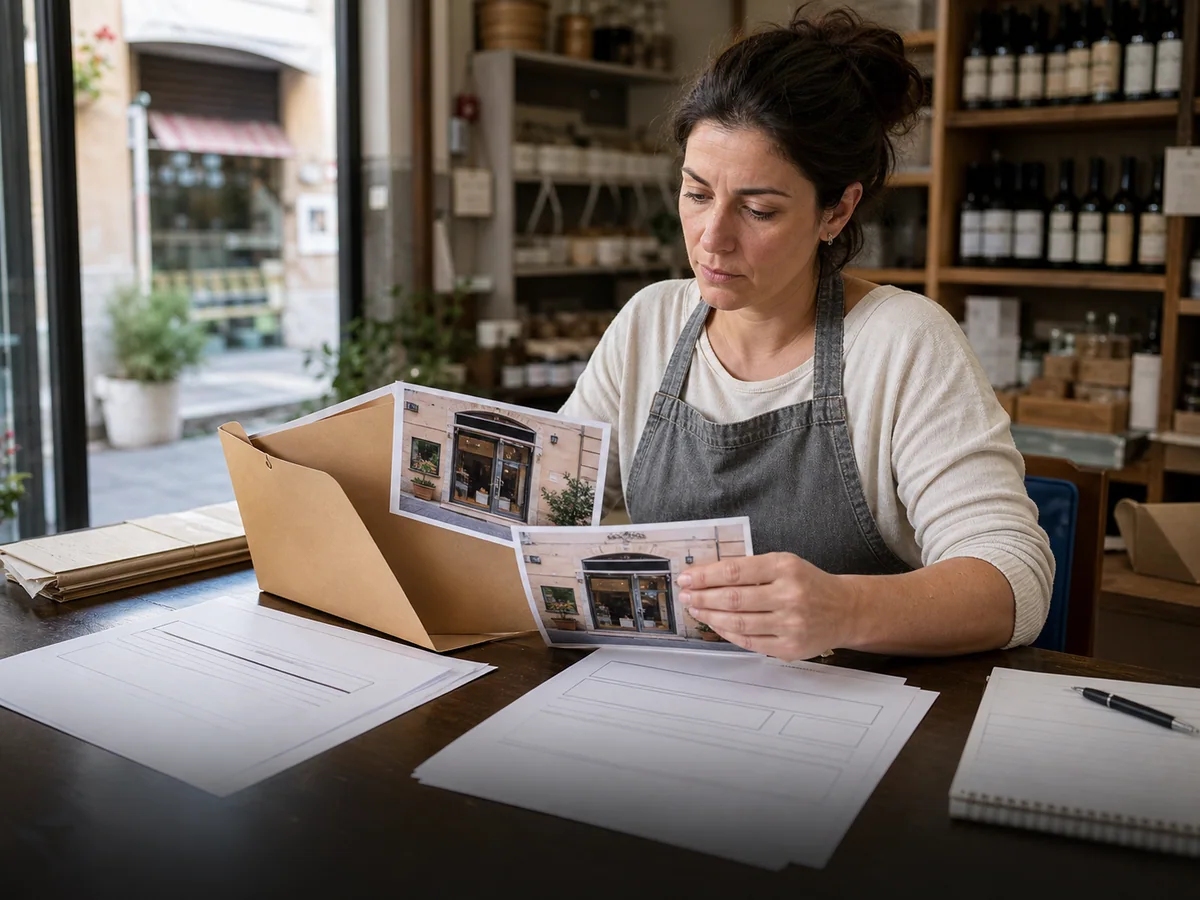 Titolare prepara documenti e fotografie per il ricorso