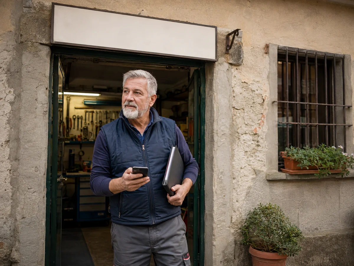 Titolare con smartphone e cartellina davanti a una piccola officina italiana.