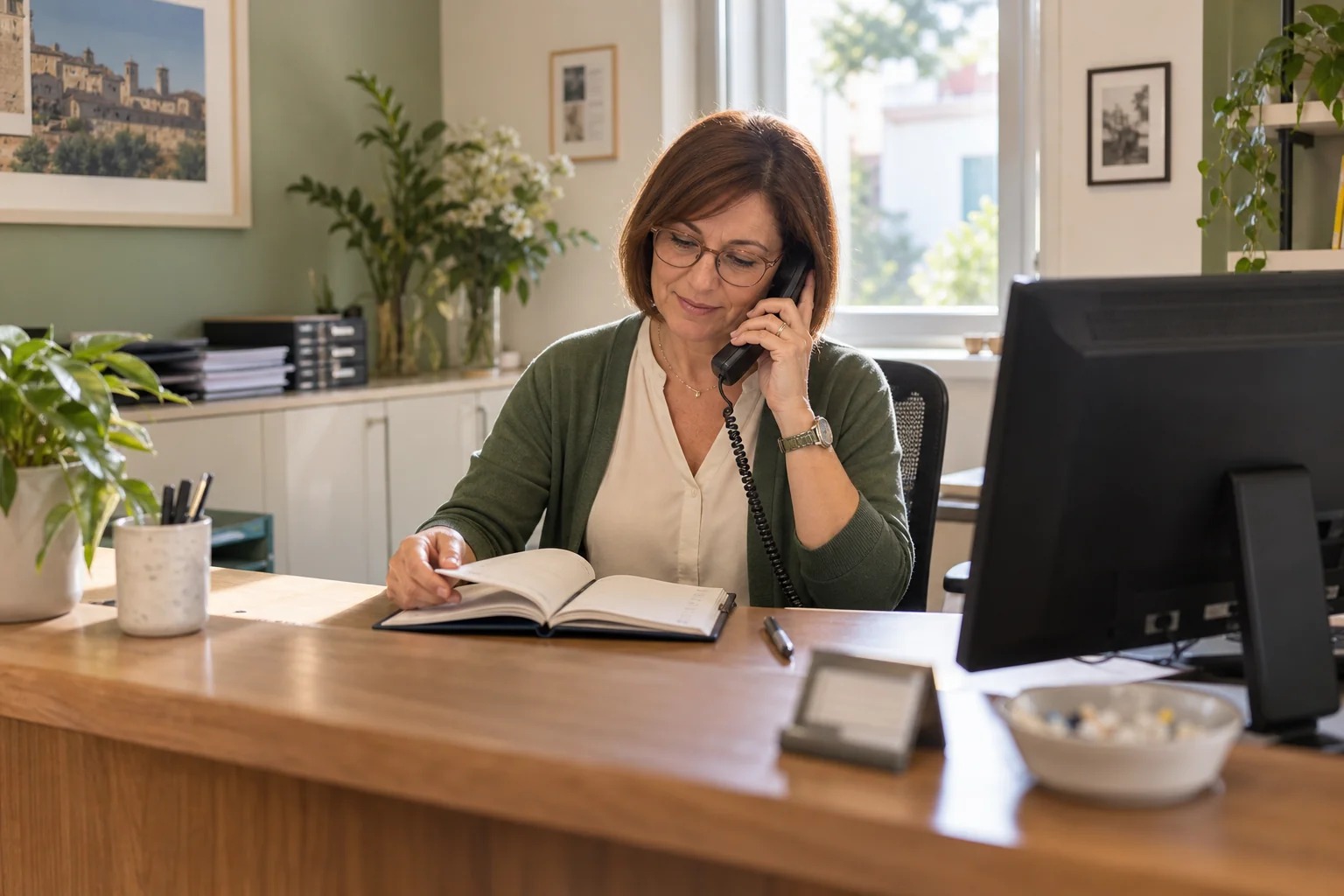 Una titolare parla al telefono alla reception mentre consulta un’agenda aperta sul banco.
