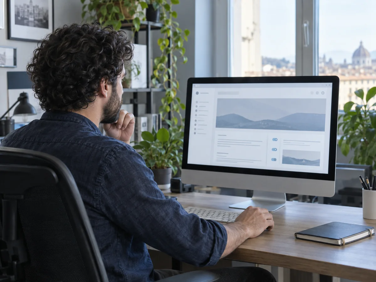 Tecnico al computer durante il controllo dell’accessibilità di un sito aziendale