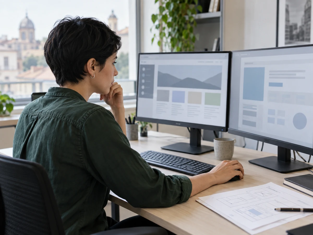Professionista confronta due pagine web su monitor affiancati
