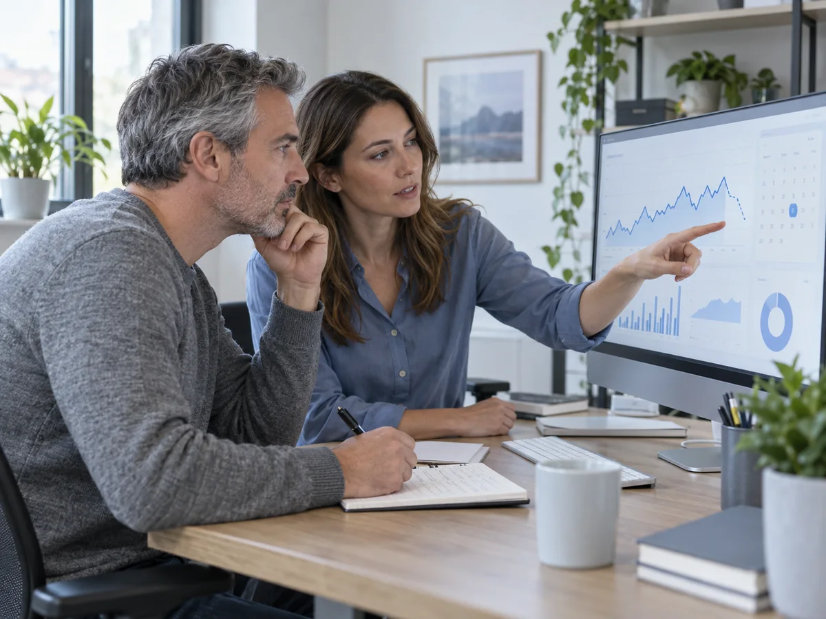 Titolare e consulente esaminano grafici e periodo di un report su un monitor in ufficio