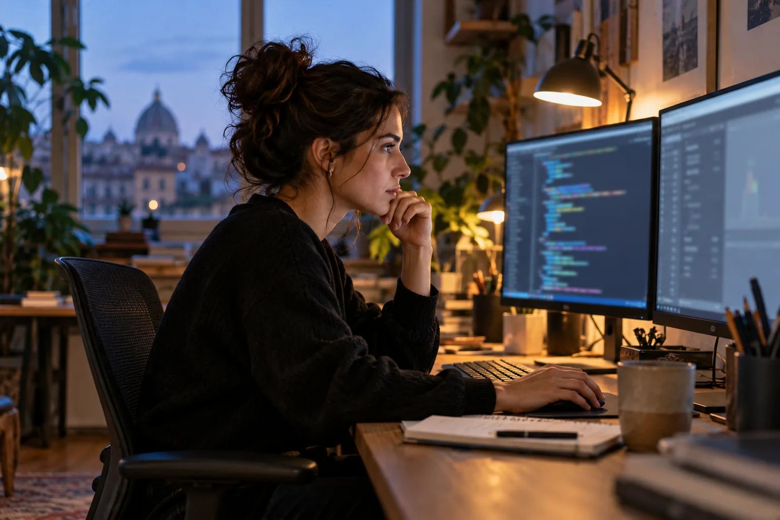Sviluppatrice al lavoro in un piccolo studio, con due monitor che mostrano righe di codice sfocate.