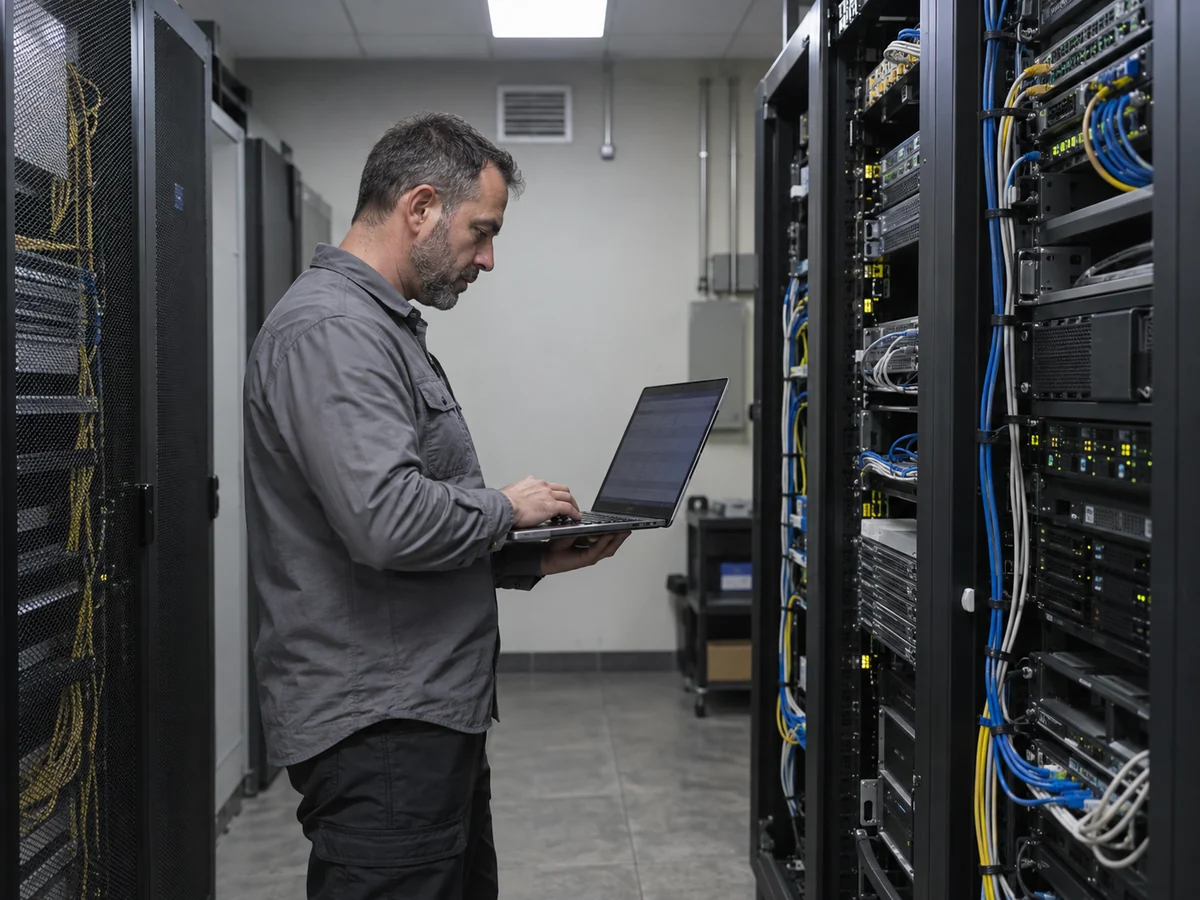 Tecnico con computer portatile controlla le apparecchiature in una piccola sala server