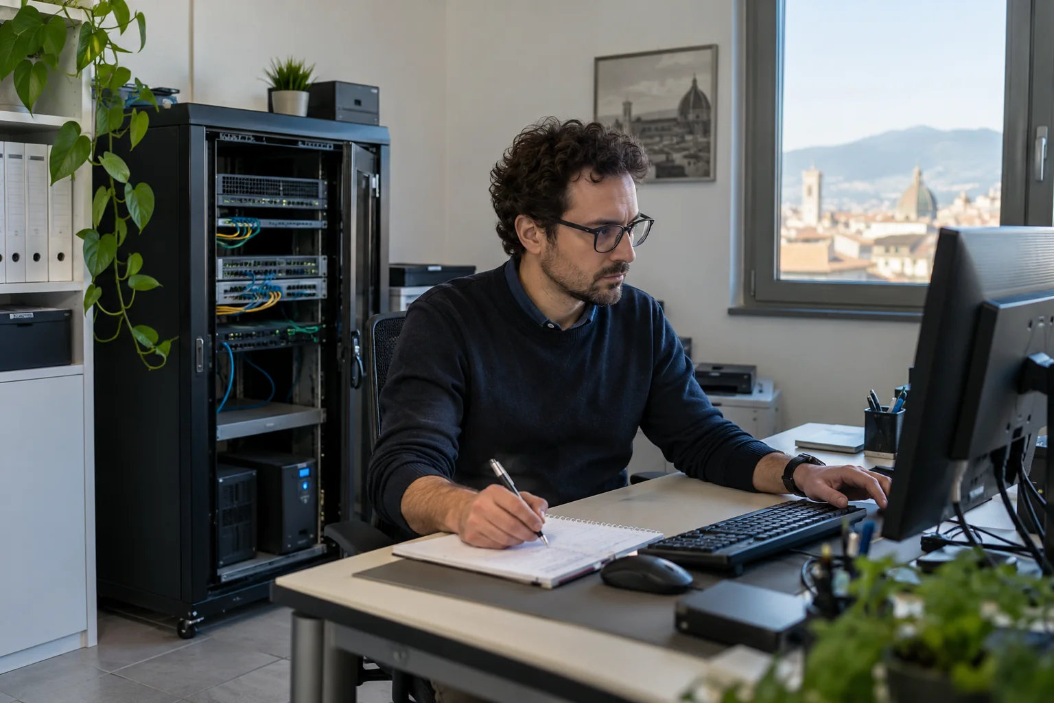 Un tecnico confronta il monitor con i propri appunti accanto a un piccolo armadio server in ufficio.