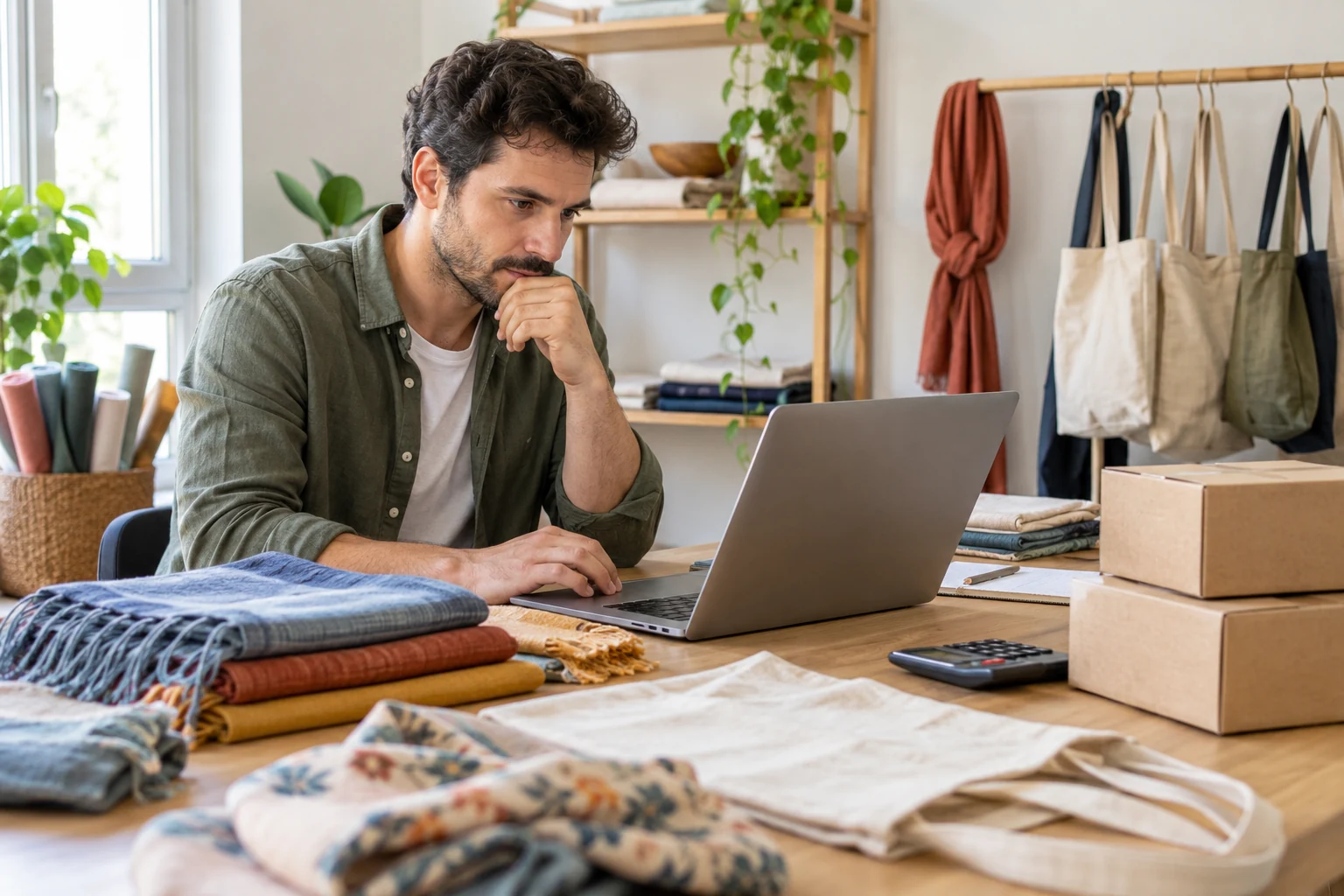 Titolare di un negozio online di accessori tessili che controlla una promozione sul portatile accanto a pacchi pronti