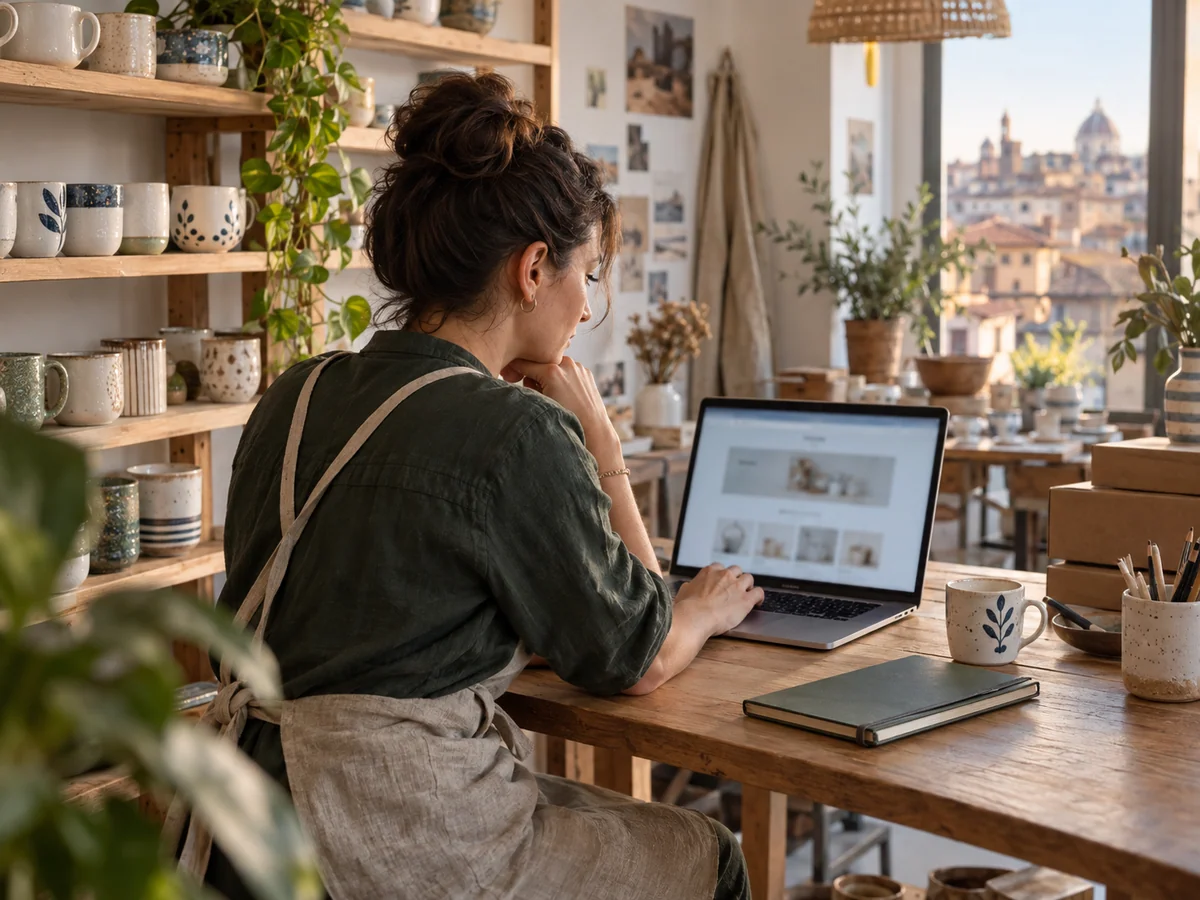Titolare di un negozio controlla sul portatile l’apertura del proprio ecommerce