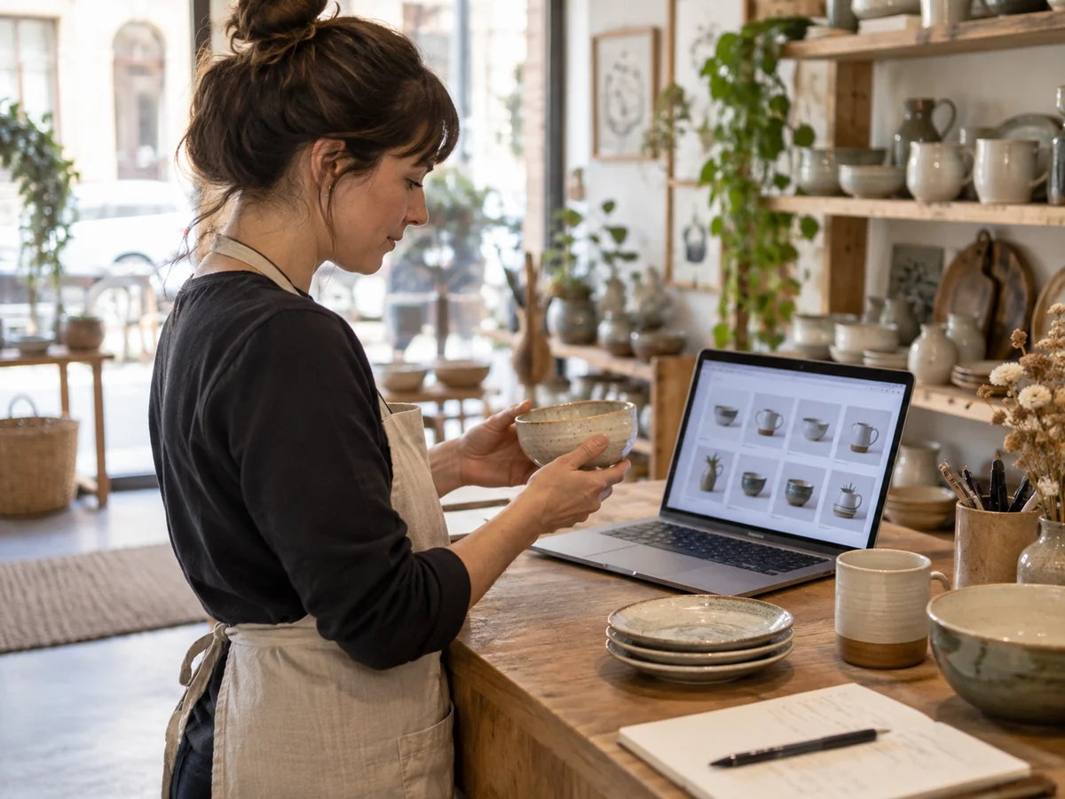 Titolare di un negozio verifica sul portatile il catalogo online accanto ai prodotti in vendita