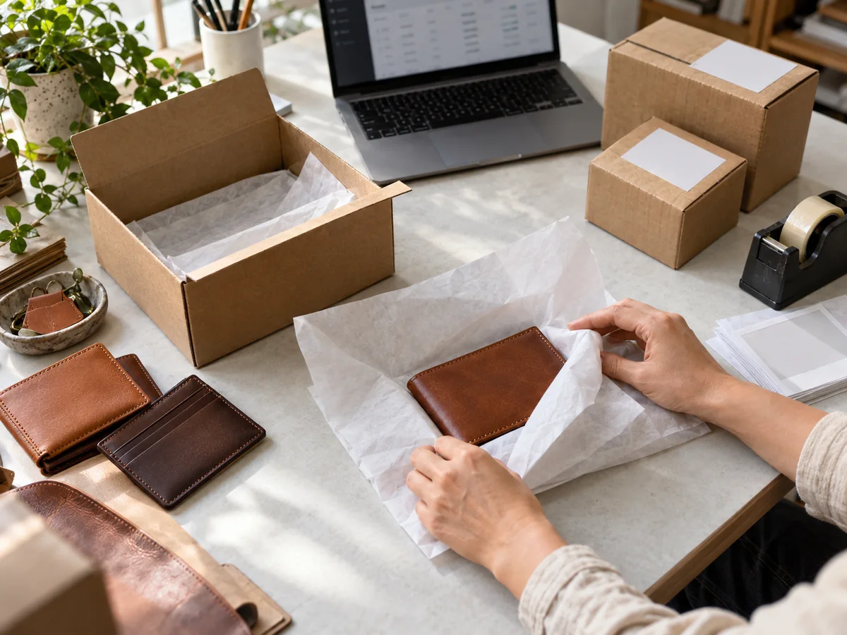 Tavolo di un negozio online con accessori in pelle, piccoli pacchi e portatile per organizzare le vendite internazionali