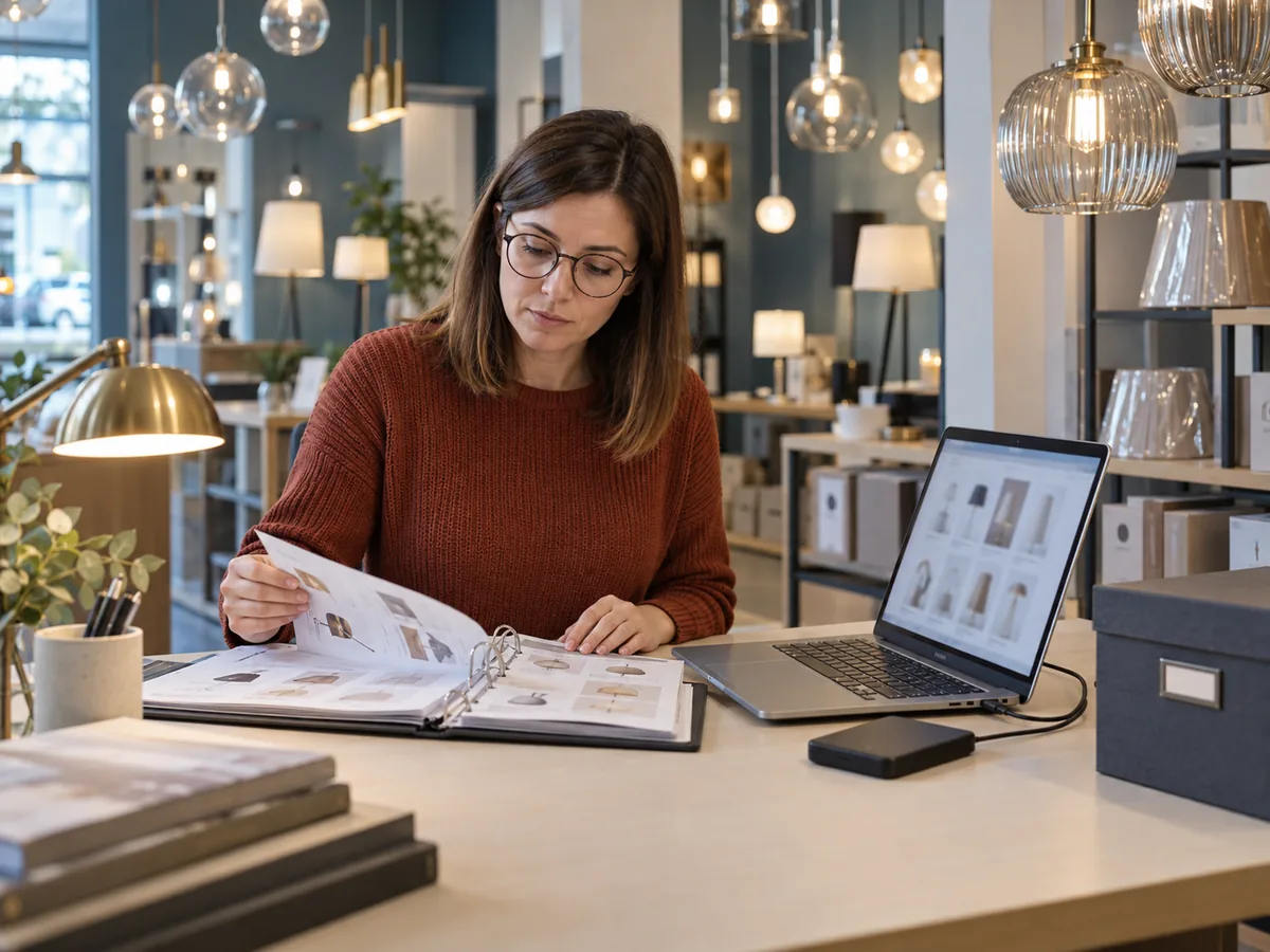 Titolare di un negozio di illuminazione confronta l’inventario con il catalogo sul portatile