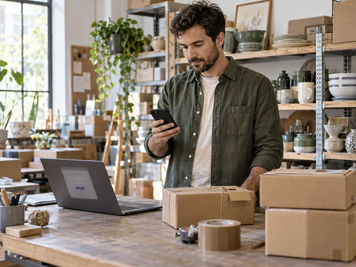 Titolare di un negozio online che controlla lo smartphone al banco imballaggi, con portatile aperto e pacchi pronti.