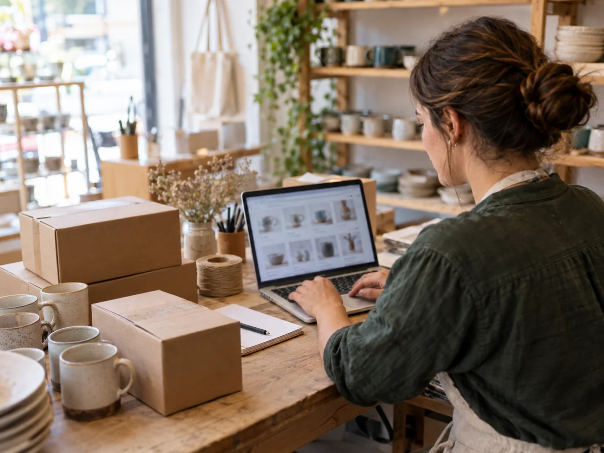 Commerciante controlla il negozio online sul portatile accanto ai prodotti da vendere