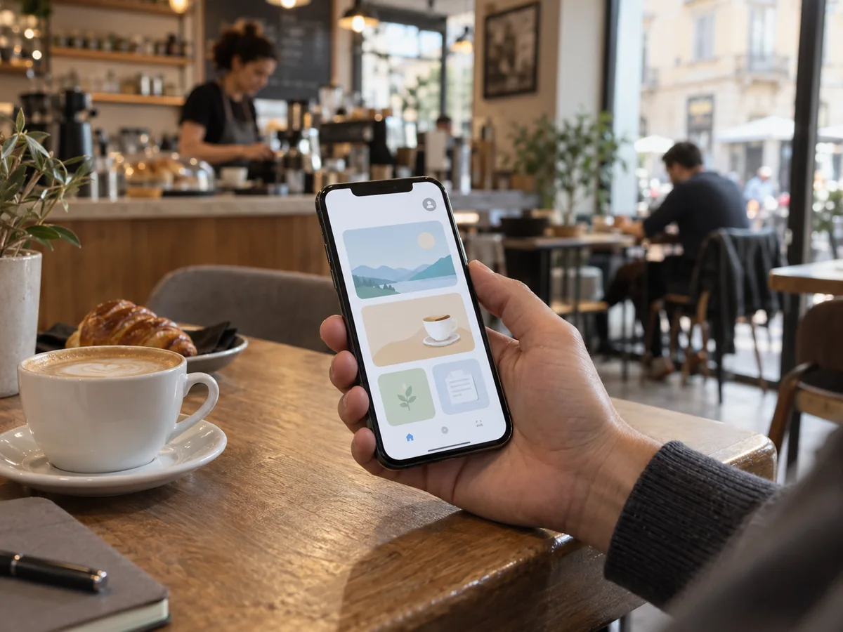 Cliente che consulta un servizio sullo smartphone mentre attende al banco di una caffetteria.