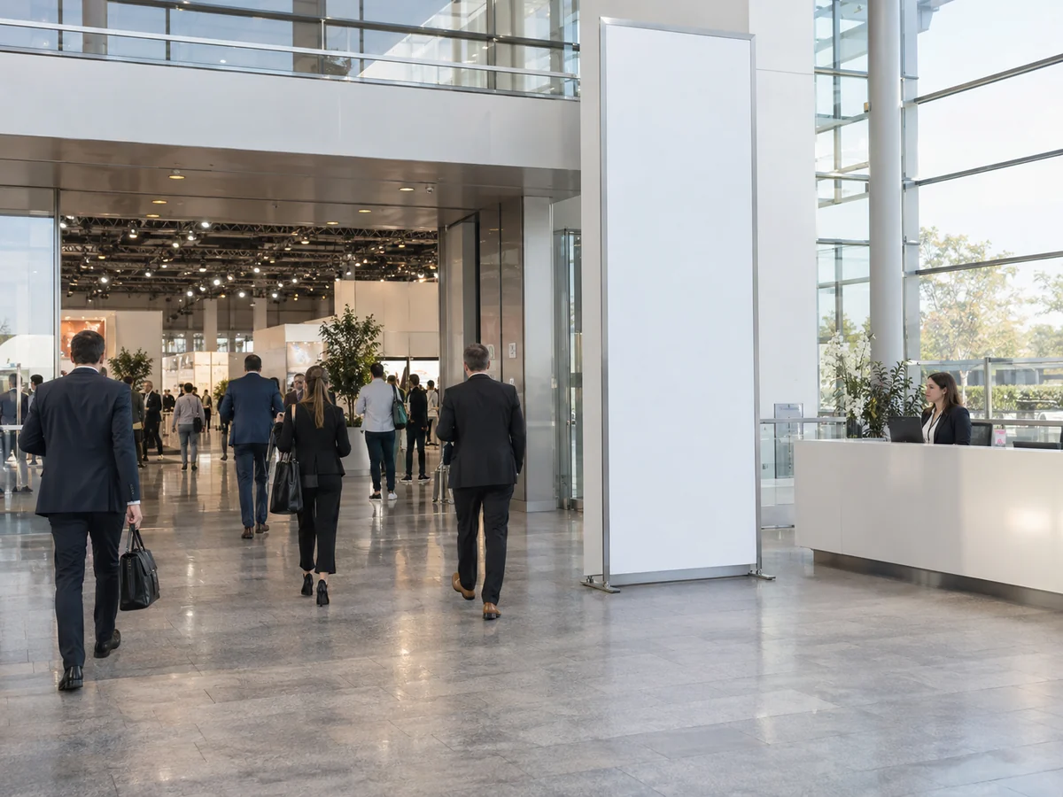 Visitatori nel foyer di un padiglione fieristico, con reception e totem informativo bianco vicino all’ingresso