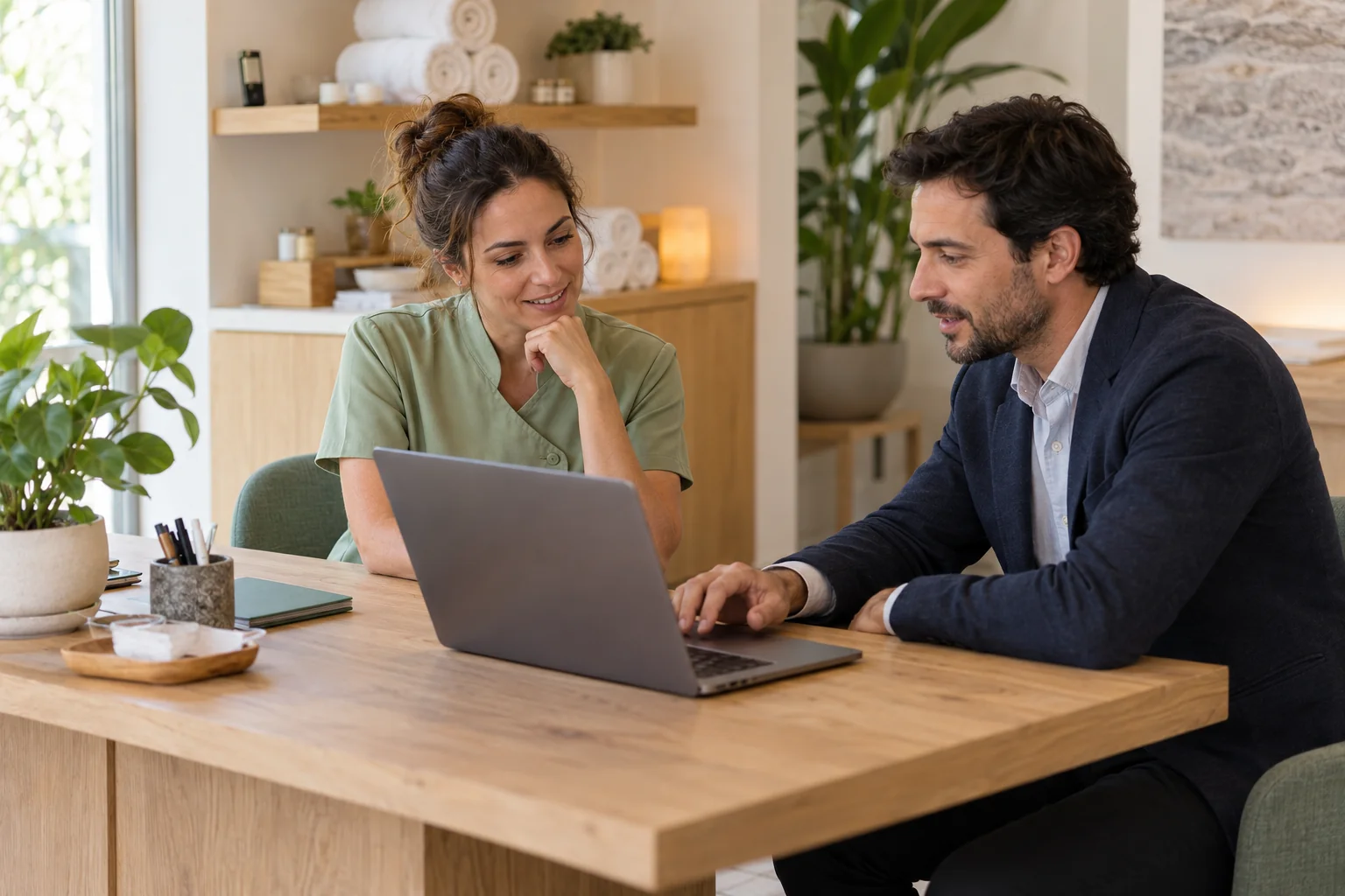 Titolare di uno studio benessere e consulente web esaminano un portatile alla scrivania in un ambiente professionale luminoso.